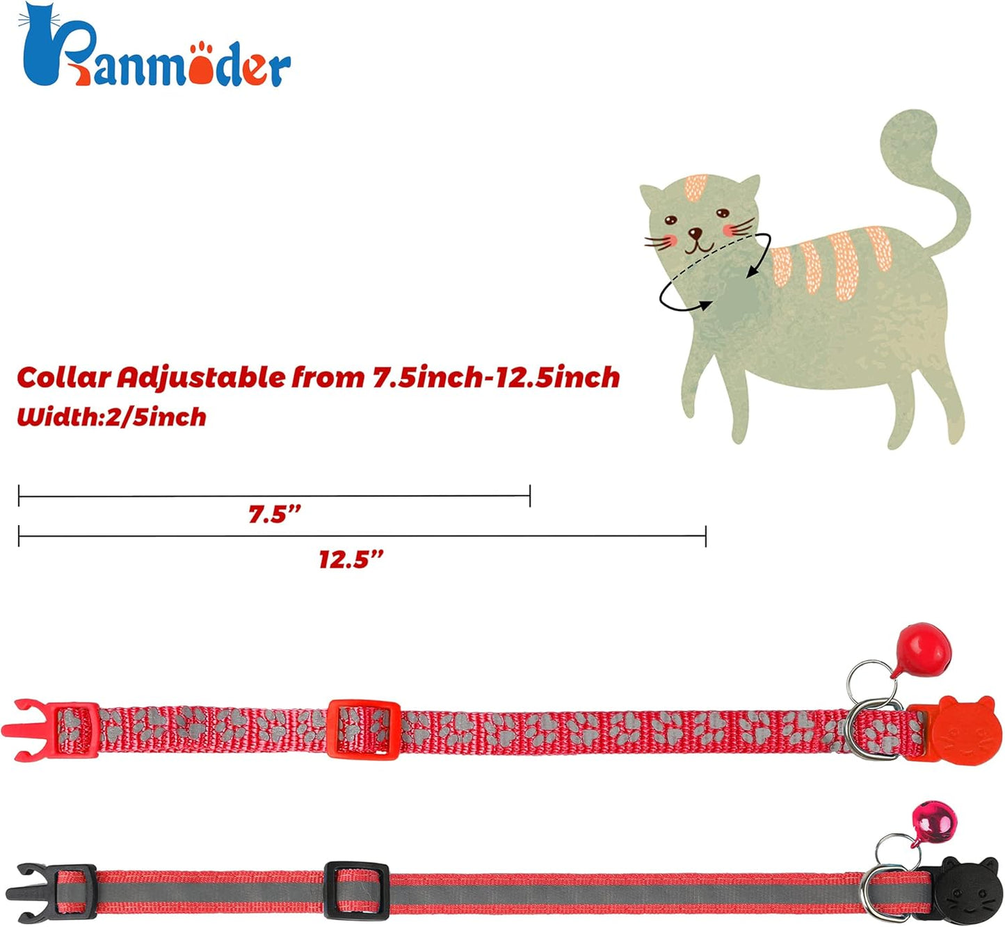 BANMODER 2 Pack Reflective Cat Collar Breakaway with Bell,Personalized Kitten Collars,Adjustable Safety Buckle Collar for Male Cats Girls & Boys (Red)