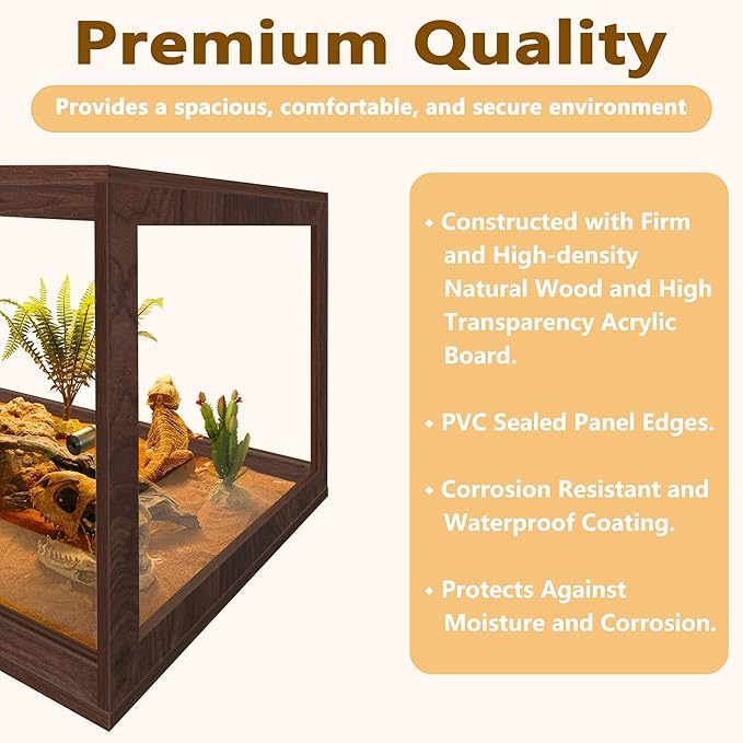 PROLEE Bearded Dragon Tank,60 Gallon Reptile Tank with Meatl Mesh Roof and Front Sliding Door, Anti-Scratch Lizard Tank,Spacious Reptile Enclosure for Snakes,Lguanas, Chameleons(Walnut)