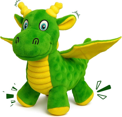 Squeaky Dog Toys - Soft Plush Dragon Dog Toy with 5 Squeakers & Crinkle Paper, Dog Toys for Small, Medium and Large Dogs to Keep Them Busy (Green,10")