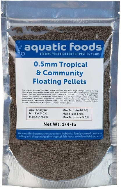 Aquatic Foods Inc. 0.5mm - 1/64" Tropical & Community Fish Floating Micro Pellets for Tetras, Guppies, Angel Fish, Small Cichlids, All Tropicals. - WL…1/4-lb Foil Bag