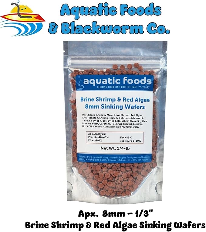 Aquatic Foods Inc. 8mm - 1/3" Brine Shrimp & Red Algae Color Enhancing Sinking Wafers for Shrimp, Snails, Crabs, Plecos, Catfish. Bottom and All Tropical Fish...WL…1/4-lb Foil Pouch Bag