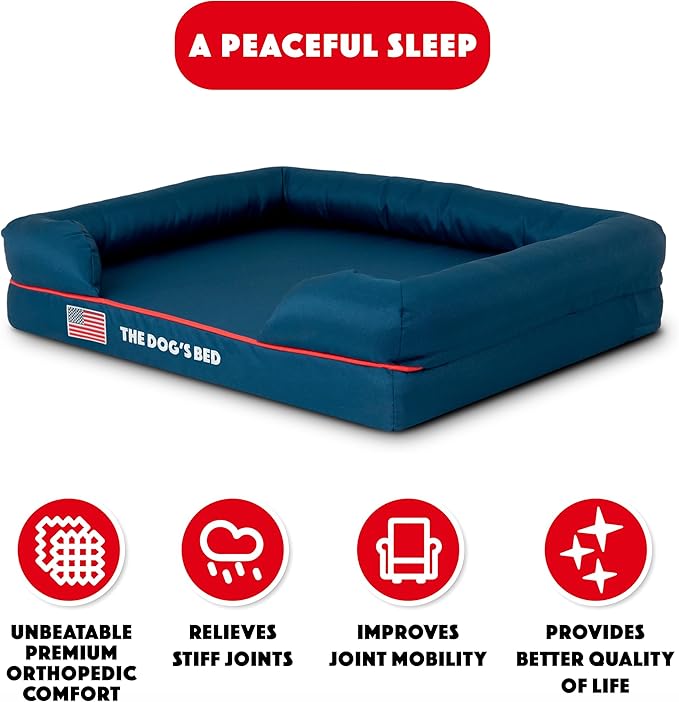 The Dog’s Bed, Medium Blue Oxford with Red Trim USA Flag Dog Bed, Memory Foam, Pain Relief, Post Surgery, Lameness, Supportive, Calming, Waterproof Washable Cover
