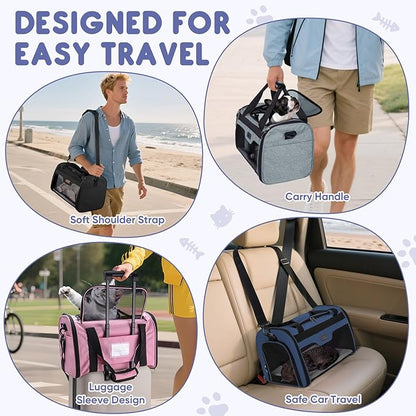 BALEINE Cat Carrier, Puppy Dog Carrier for Small Medium Pets Up to 15 Lbs, Soft-Sided Dog Travel Bag with Safety Zippers, Collapsible Pet Carrying Case (Blue, L, 17"x11"x11")