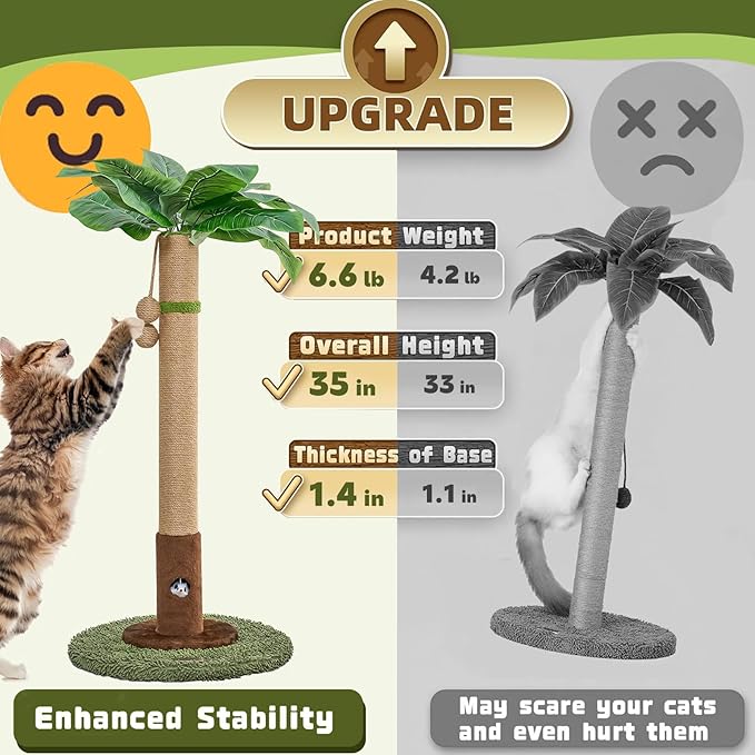 35" Tall Cat Scratching Post, Cat Scratcher for Indoor Cats, Sisal Rope Scratch Post with Hanging Ball and Cat Toys for Kitten Adult Cats
