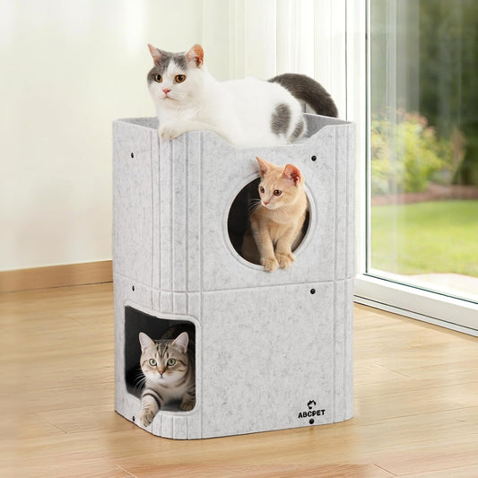 Cat House for Indoor Cats Large Cat Bed Cave 2-Storey Cats Condo with Cozy Felt Covered Hideaway for Multiple Pets Light Gray