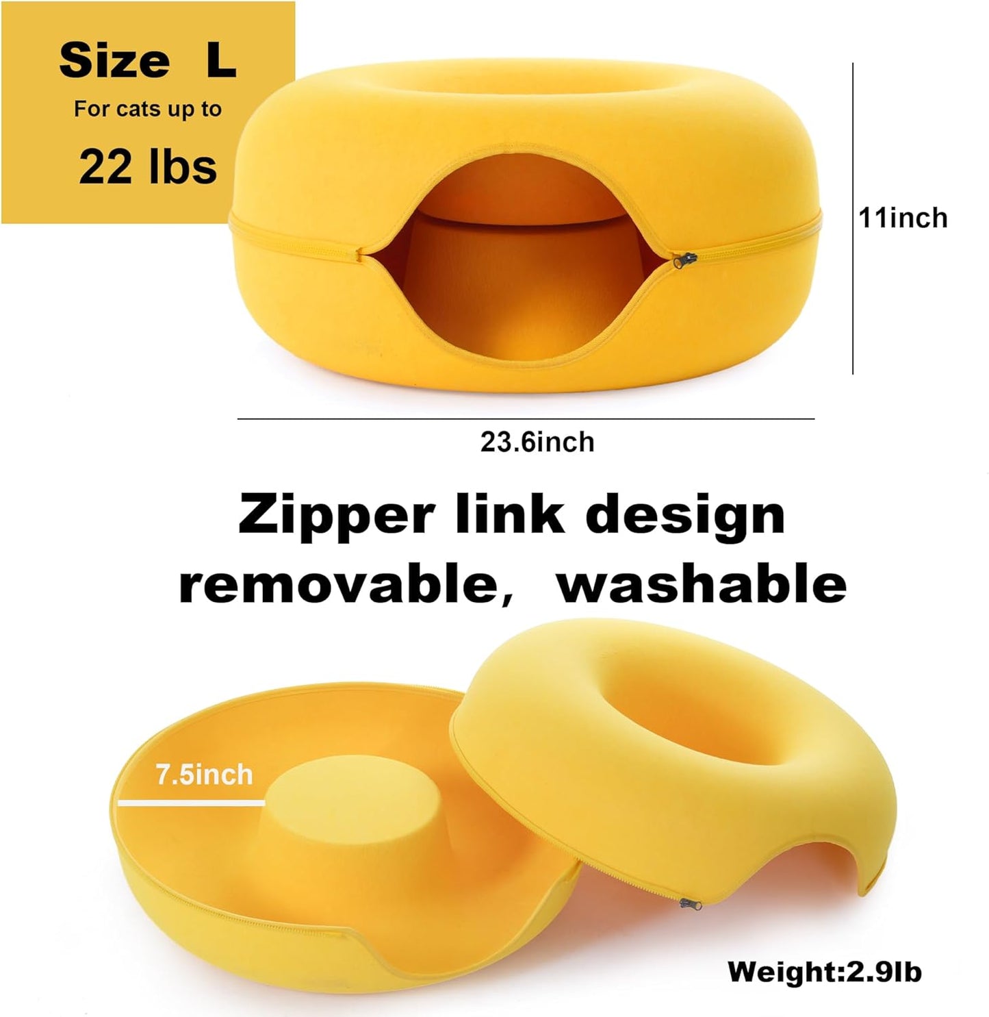 Large Cat Tunnel Bed for Indoor Cats with 3 Toys, Scratch Resistant Donut Cat Bed, Up to 30 Lbs (L 24x24x11, Yellow)