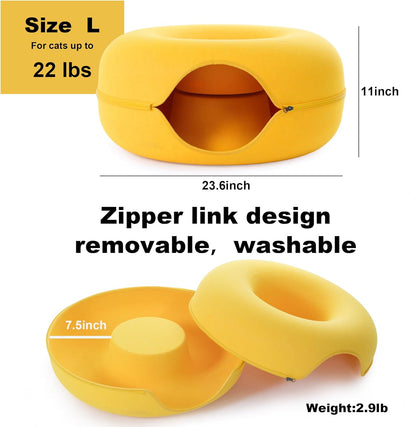 Large Cat Tunnel Bed for Indoor Cats with 3 Toys, Scratch Resistant Donut Cat Bed, Up to 30 Lbs (L 24x24x11, Yellow)