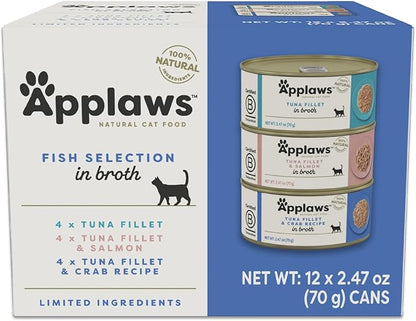 Applaws Natural Wet Canned Cat Food, Limited and Natural Ingredients, High Protein with No Artificial Additives, Fish Selection Variety Pack in Broth (12 x 2.47oz Cans)