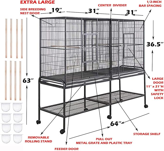 EXTRA LARGE Double Breeding Flight Bird Wrought Iron Double Parrot Bird Cage Slide Out Center Divider Side Nesting Box Doors Cockatiel Conure Removalbe Rolling Stand (Black Vein, 63"L x 19"W x 64"H)