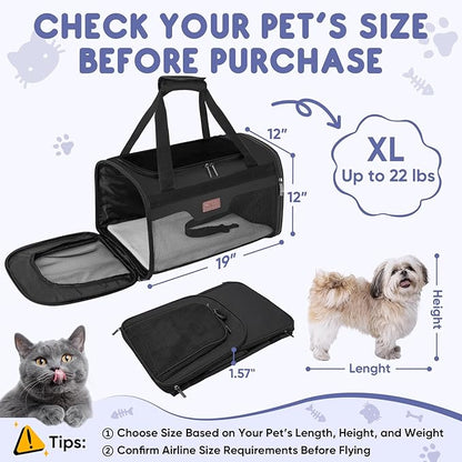 BALEINE Cat Carrier, Puppy Dog Carrier for Small Medium Pets Up to 22 Lbs, Soft-Sided Dog Travel Bag with Safety Zippers, Collapsible Pet Carrying Case (Black, XL, 19"x12"x12")