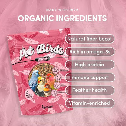 Mycelium Pet Bird Plus Feed (5 LB Bag) | Organic Bird Food for Parakeets, Lovebirds & Cockatiels | Vitamin-Fortified with Real Fruits & Veggies | Immune Support, Daily Nutrition | Non-GMO, USA Made