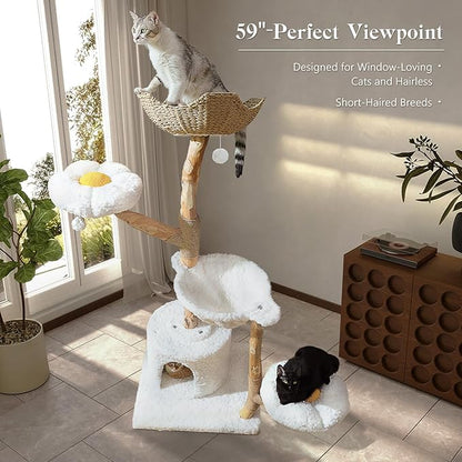 59" Modern Cat Tree Tower for Large Cats w/2 Flower Perches-Natural Solid Wood Scratching Post with Real Branch-Luxury Boho Cat Furniture w/Condo & Wicker Basket Bed, Cloud White