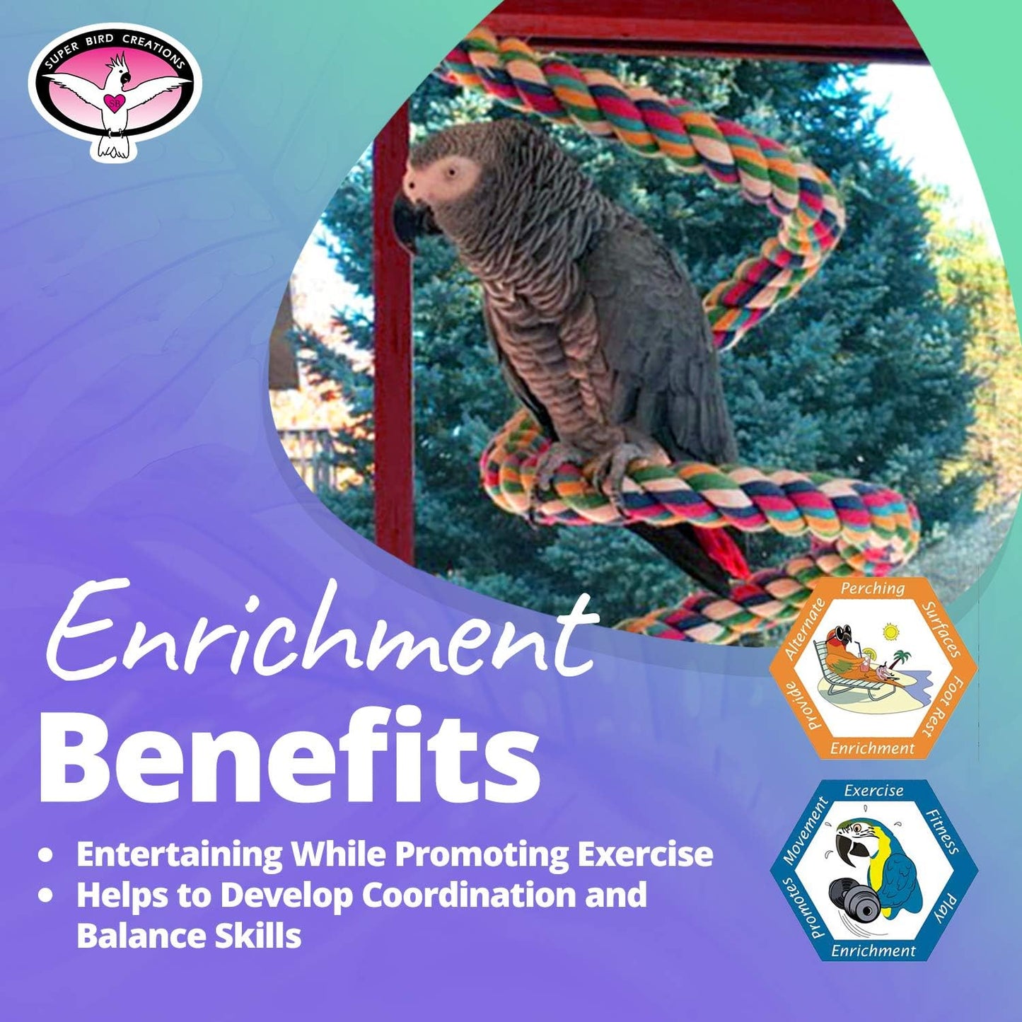 Super Bird Creations SB325 Large Bungee Bird Toy - Rope Perch for African Greys, Parrots, Small Cockatoos, Amazons - Colorful Hanging Perch - Enriching Bungee Toy for Large Birds & in Bird Cages