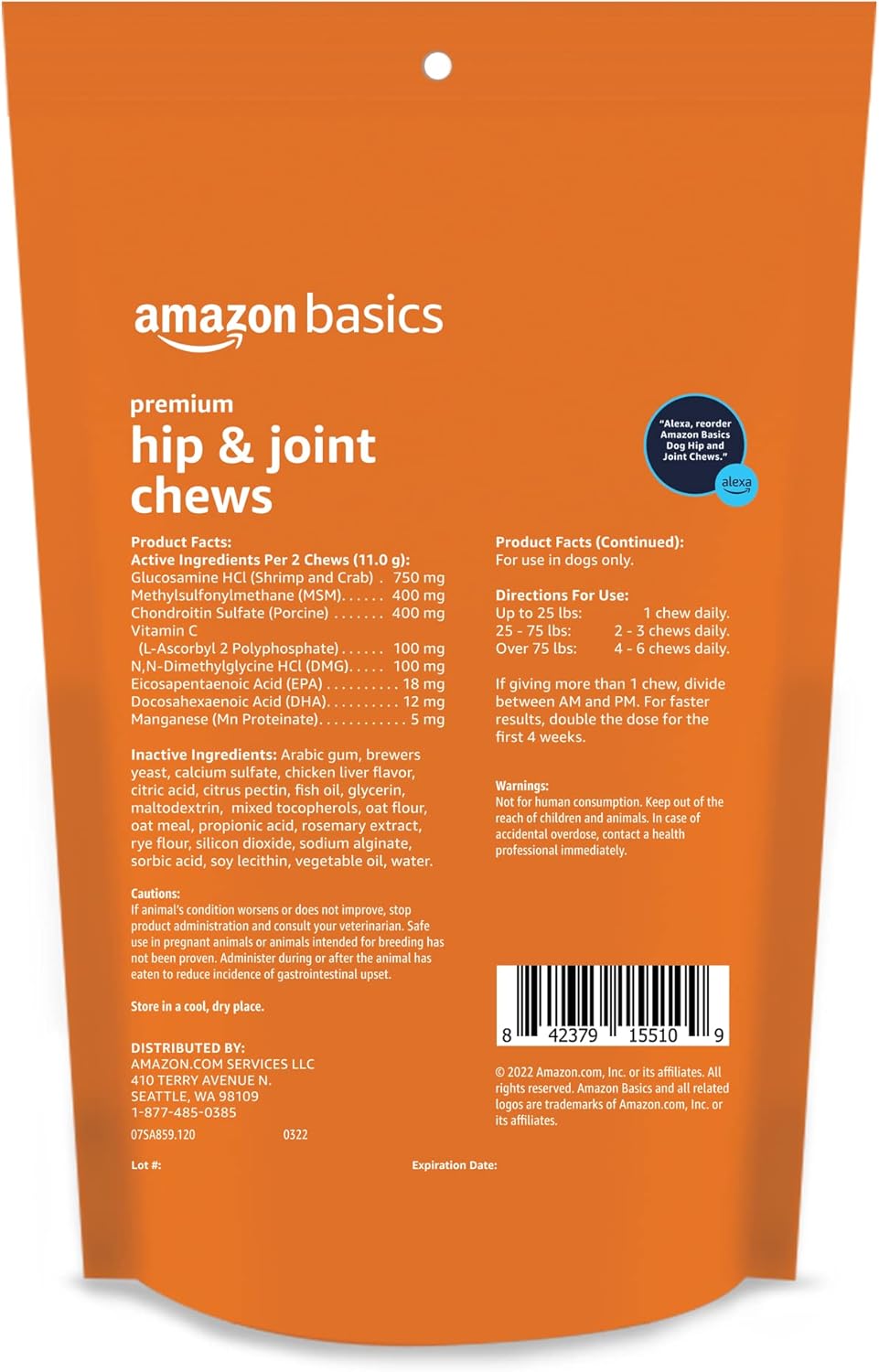 Amazon Basics Premium Dog Hip & Joint Supplement Chews with EPA and DHA, Chicken Liver Flavor, 120 Count (Previously Solimo)