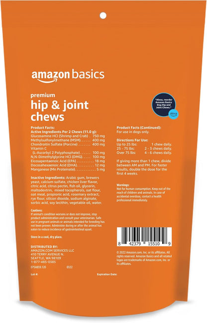 Amazon Basics Premium Dog Hip & Joint Supplement Chews with EPA and DHA, Chicken Liver Flavor, 120 Count (Previously Solimo)