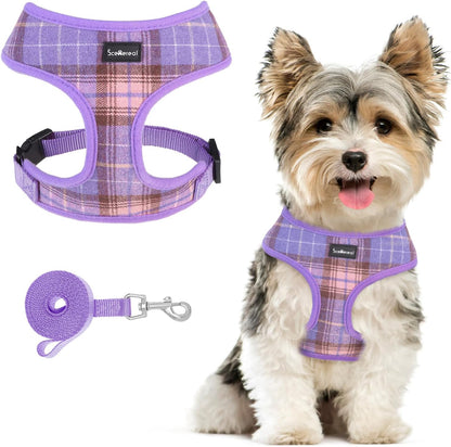SCENEREAL Puppy Dog Harness with Leash Set for Small Medium Sized Dogs, Soft Mesh Step in Pet Harnesses and Leash, No Chock Plaid Adjustable No Pull Vest for Dogs Cats, Chihuahua,Bulldog (Purple S)