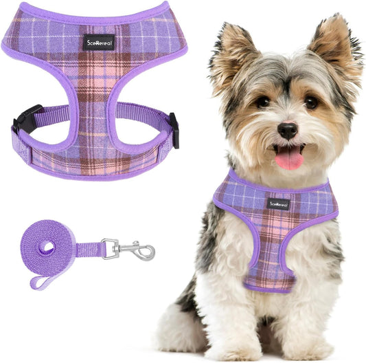 SCENEREAL Puppy Dog Harness with Leash Set for Small Medium Sized Dogs, Soft Mesh Step in Pet Harnesses and Leash, No Chock Plaid Adjustable No Pull Vest for Dogs Cats, Chihuahua,Bulldog (Purple S)