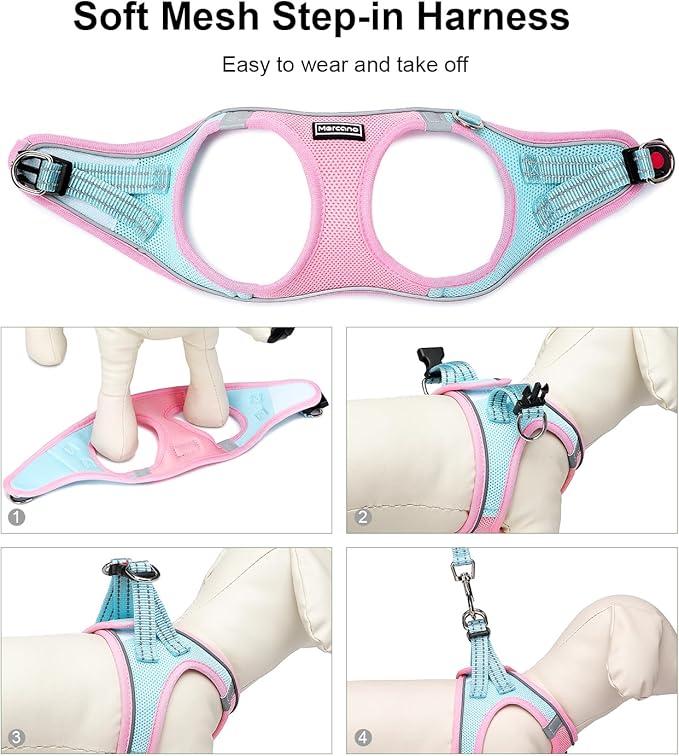 Mercano Soft Mesh Dog Harness and Leash Set, No-Chock Step-in Reflective Breathable Lightweight Easy Walk Vest Harnesses with Safety Buckle for Small Dogs, Cats (M, Pink Blue)