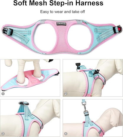 Mercano Soft Mesh Dog Harness and Leash Set, No-Chock Step-in Reflective Breathable Lightweight Easy Walk Vest Harnesses with Safety Buckle for Small Dogs, Cats (XS, Pink Blue)