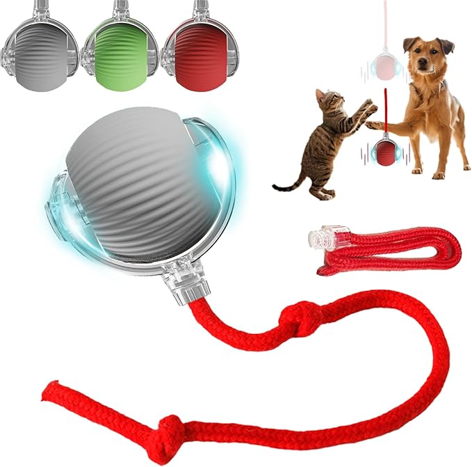 Interactive Dog Cat Toy Ball, Automatic Moving Bouncing Rolling, with Replacement Tail, Pet Smart Chase Ball Rechargeable, Enrichment Toys for Bored Indoor Adult Cats/Dogs (Grey)