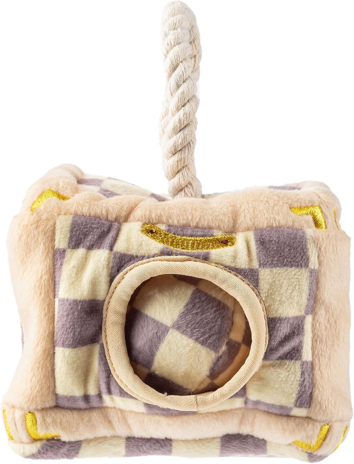 Haute Diggity Dog Checker Chewy Vuiton Trunk Activity House, Plush Designer Dog Toys with Interactive Squeaker, Stimulating Pet Enrichment, Machine-Washable & Safe Materials for All Breeds, One Size