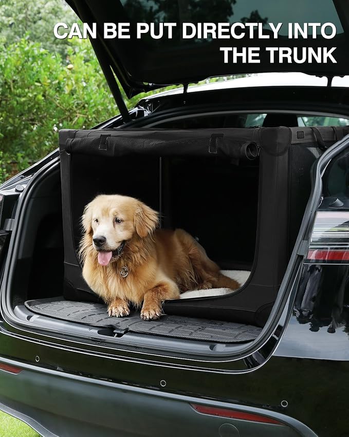 24 Inch Collapsible Travel Dog Crate for Medium Large Dogs, Portable Dog Crate 4-Door Foldable Soft Kennel with Durable Mesh Windows for Indoor & Outdoor Travel, with Storage Bag,Black