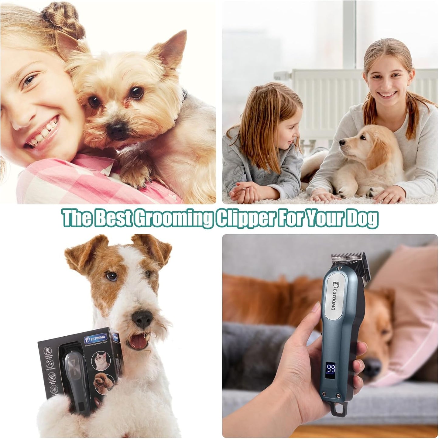 BESTBOMG Professional Dog Grooming Clippers for Thick Heavy Coats Low Noise High Power Rechargeable LED Display Cordless Pet Shaver for Small & Large Dogs Cats
