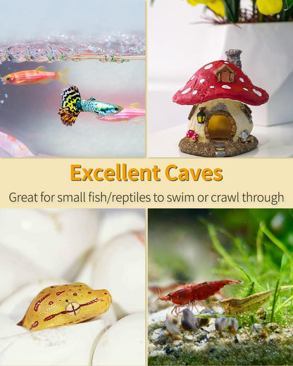 Uniclife Resin Mushroom House Decoration Cottage Ornament for Reptile Hide Cave Hideout Hideaway Spawning Cave Decor for Arboreal Reptiles Shrimp Betta Goldfish, Terrarium & Vivarium Decor