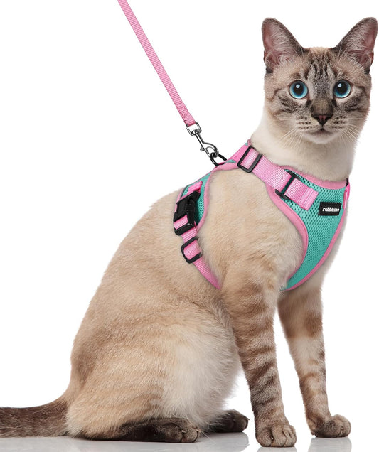 rabbitgoo Cat Harness and Leash Set, Escape Proof Soft Adjustable Vest Harnesses for Outdoor Walking, Easy Control Breathable Kitten Jacket with Reflective Strips, Green & Pink, S