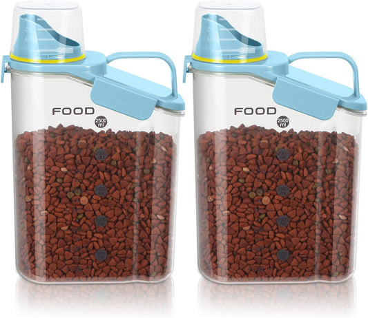 2Pack Cat Dog Food Storage Container Upgraded Large Nozzle BPA-free, 3-5 LBS Plastic Pet Food Storage Containers, With 4 Sealed Clasps, 1 Measuring Cup and Handle (Sunshine Blue)