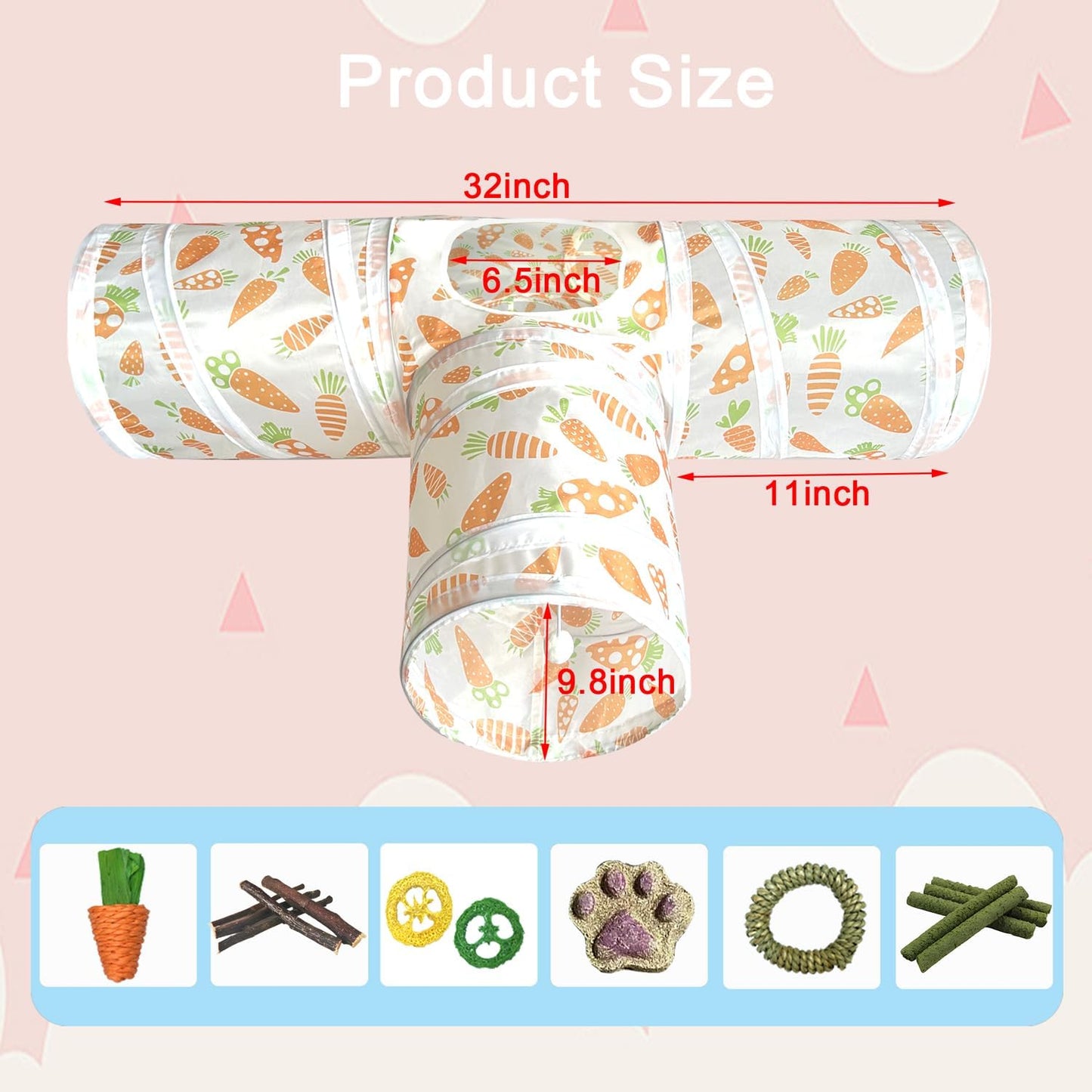 LUCKITTY Rabbit Tunnel Toy, Collapsible 3-Way Hideout Tunnel with Chew Toys for Rabbits, Guinea Pigs, Ferrets, Kittens & Small Pets - Orange & White Carrot Design (33"x20"x9.5")