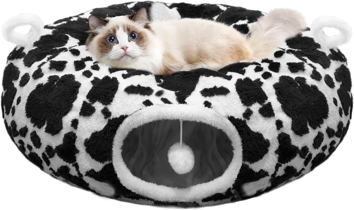 Cat Tunnel Bed for Indoor Cats, Soft Plush Donut Peekaboo Cat Cave, Multifunctional Playground Toy for Small Medium Large Cats, Kittens, Rabbits, Ferrets, with Washable Cushion (Black&White)