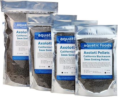 Aquatic Foods Inc. Axolotl Blackworm Pellets. 3mm-1/8 Sinking California Blackworm Medium Pellets for Medium/Large Axolotl, Frogs, Shrimp, Salamanders, Newts, Snails…2 & 1/2-lbs Pouch Bag
