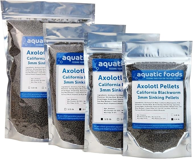 Aquatic Foods Inc. Axolotl Blackworm Pellets. 3mm-1/8 Sinking California Blackworm Medium Pellets for Medium/Large Axolotl, Frogs, Shrimp, Salamanders, Newts, Snails…1/4-lb Pouch Bag