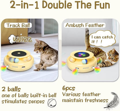 ORSDA Cat Toys 2-in-1 Interactive Cat Toys for Indoor Cats, Automatic Cat Toy Balls, Ambush Feather Kitten Toys with 6pcs Feathers, Dual Power Supplies, Adjustable Speed, Auto On/Off