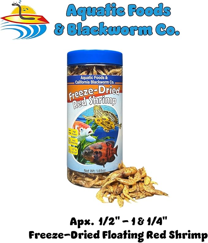 Aquatic Foods Inc. Red Shrimp, Freeze Dried 1/2" to 1 & 1/4" Floating Red River Shrimp for Cichlids, All Tropical Fish, Koi & Pond Fish, Aquatic Turtles, Reptiles, Rodents 2oz Canister