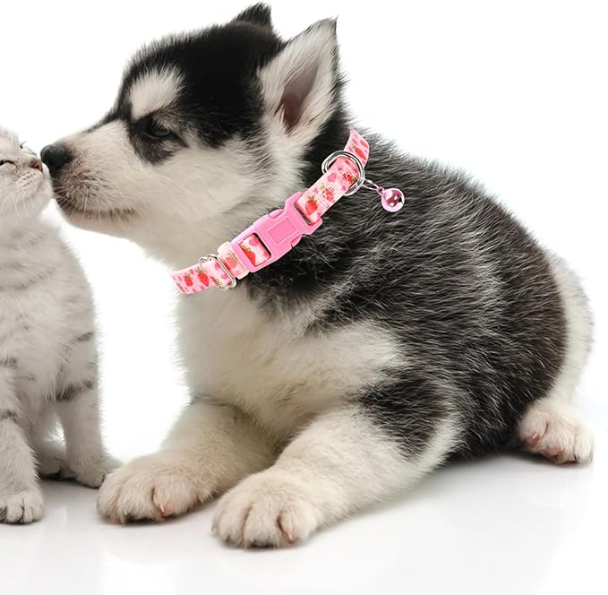 Cute Pink XXS xs Dog Collar with Bell, Soft Adjustable Strawberry Puppy Collar Tiny Cat Collars with Bells for XS Small Girl Female Dogs Little Animal,XSmall