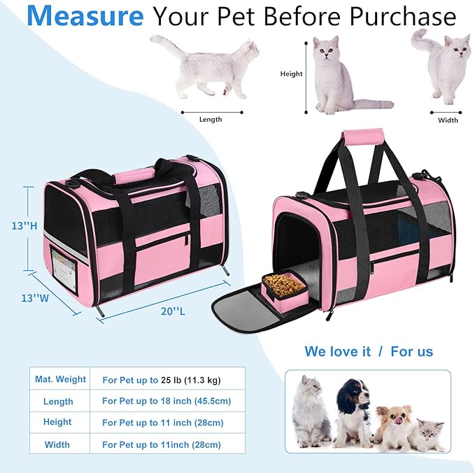 20" Large Cat Carrier Soft Side Dog Carrier Pet Carrier for Medium Small Dogs Cats Collapsible Soft Sided Pet Carrier for Cats Dogs Puppy of 25 lbs, Pink