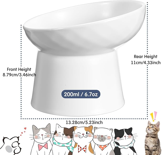 Tanlade 4 Pcs Ceramic Raised Cat Bowls, Elevated Tilted Cat Bowl, Stress Free, Backflow Prevention, Dishwasher and Microwave Safe for Indoor Kitten, Puppies(White and Grey)