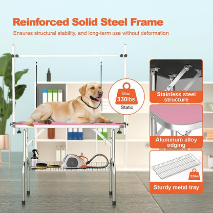 46'' Dog Grooming Table for Large Dogs, Foldable Professional Grooming Table for Dogs at Home with Double Loops/Mesh Tray/Adjustable Arm, Capacity up to 330lbs, Pink