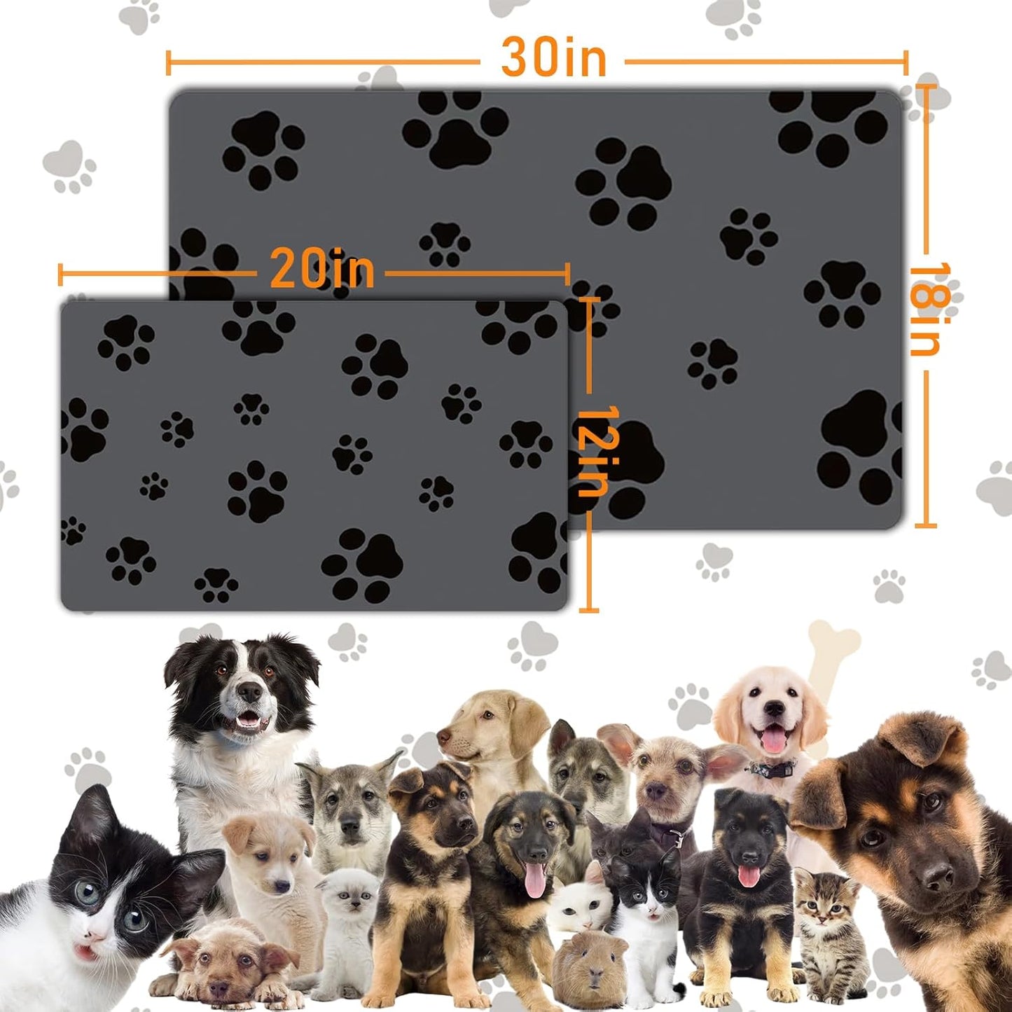Pet Feeding Mat-Cat Dog Mat for Food and Water Bowl, Absorbent Quick Dry Food Mat Anti-Slip No Stains Dog Placemat with Footprints for Messy Drinkers,12"x20"Dark Grey