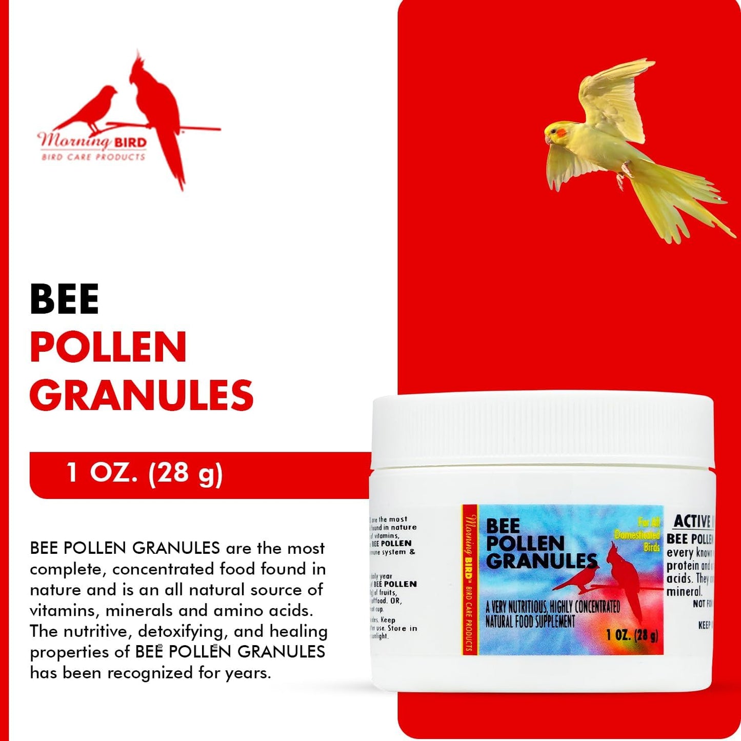 Morning Bird Bee Pollen Granules 1 Oz – Naturally Immune Support & Protein Powder for Birds – Boosts Strength, Feather Health & Energy Supplements – Easy to Mix with Food for All Bird Types