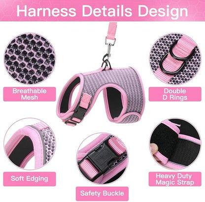PUPTECK Soft Mesh Cat Vest Harness and Leash Set Puppy Padded Pet Harnesses Escape Proof for Cats Small Dogs Rabbits Bunny
