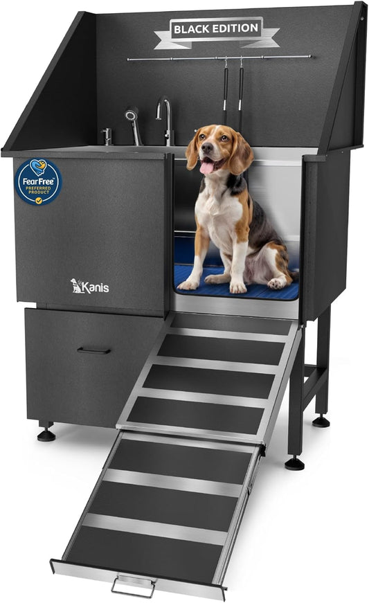 KANIS Black Line Professional Dog Washing Station - 304 Stainless Steel Pet Wash Sink & Grooming Bathtub w/Shower, Floor Grates and Storage for Large, Medium & Small Pets (40", 1 Drawer - Right Ramp)