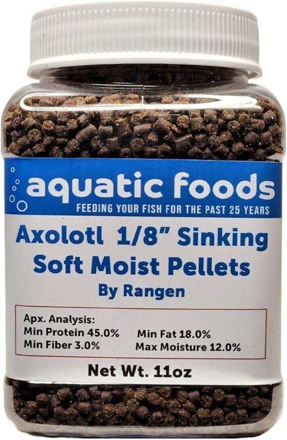 Aquatic Foods Inc. Axolotl Food, 1/8" Soft Moist Sinking Pellets, Rangen's Salmon Meal Pellets for Small Axolotl. Also Shrimp, Snails, Crabs, Bottom Fish, All Tropical Fish...11oz Small Jar