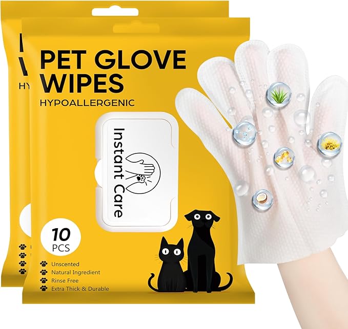 Pet Glove Wipes for Dogs Cats Disposable Dog Wipes Cleaning Deodorizing for Fur Paws and Butt Rinse Free Shampoo Mittens Cat Grooming Bath Wipes 20PCS