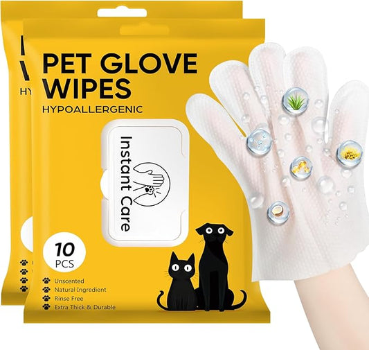 Pet Glove Wipes for Dogs Cats Disposable Dog Wipes Cleaning Deodorizing for Fur Paws and Butt Rinse Free Shampoo Mittens Cat Grooming Bath Wipes 20PCS