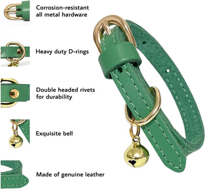 Guiding Star Leather Collar for Puppy, Cute Soft Thin Dogs Collars for Small Medium Dogs, Cat Collar with Bell (Green, XS, 9"-12")