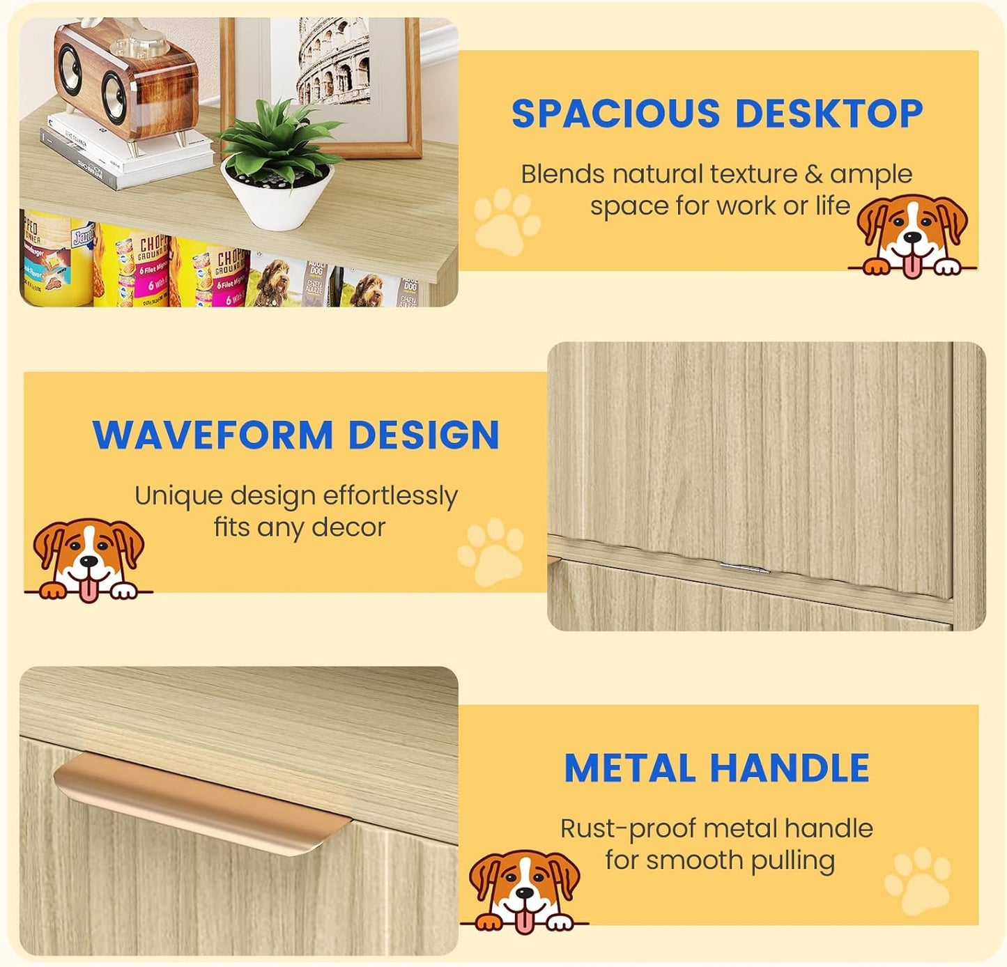 Fluted Dog Feeding Station, Dog Food Storage Container with Raised Bowls, Pet Feeder Station Food Cabinet for Toy Feeding Watering Supplies, Natural Oak