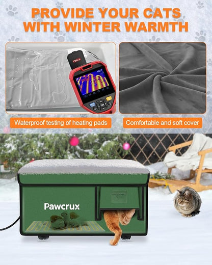 Weatherproof Heated Cat House for Outdoor in Winter, Heated Cat Bed Kitty Shelter with Cat Heating Pad, Insulated & Safe Escape Door, Warm Home for Outside Stray Cat